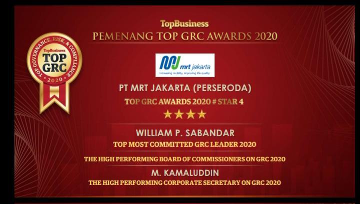 PT MRT Jakarta (Perseroda) mendapatkan empat penghargaan dalam ajang TOP GRC awards 2020.